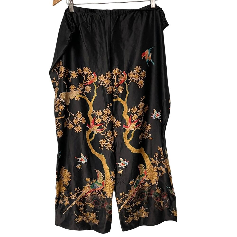 Natori Pajama Pants XL Wide Leg Black Birds Imperial Gold Asian Inspired - Picture 2 of 5